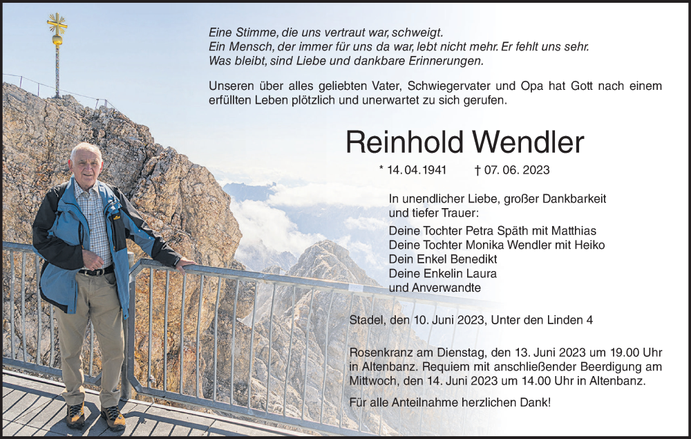 Traueranzeige für Reinhold Wendler vom 10.06.2023 aus MGO