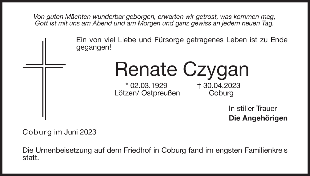  Traueranzeige für Renate Czygan vom 24.06.2023 aus MGO