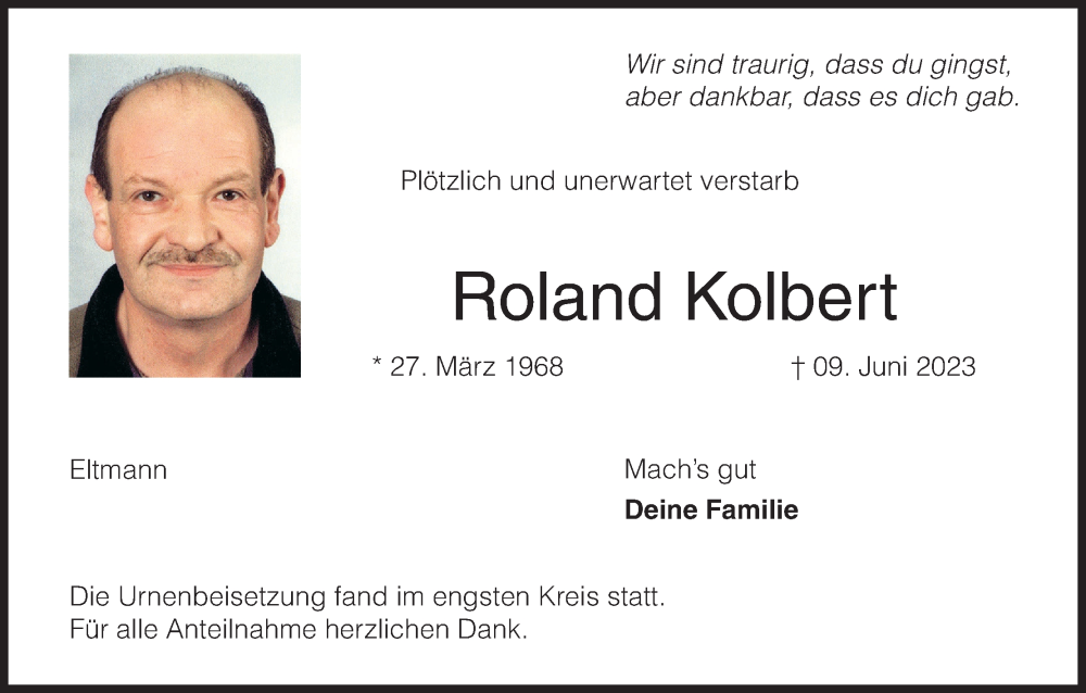  Traueranzeige für Roland Kolbert vom 24.06.2023 aus MGO