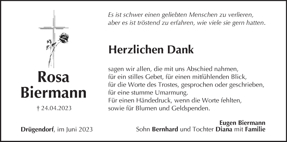  Traueranzeige für Rosa Biermann vom 03.06.2023 aus MGO