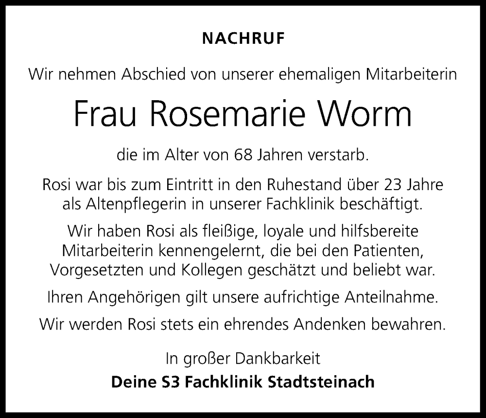  Traueranzeige für Rosemarie Worm vom 17.06.2023 aus MGO