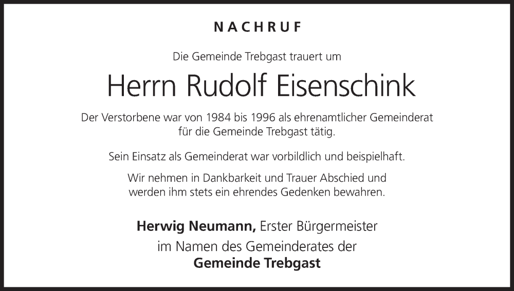  Traueranzeige für Rudolf Eisenschink vom 19.06.2023 aus MGO