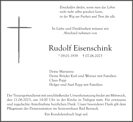 Anzeige von Rudolf Eisenschink von MGO