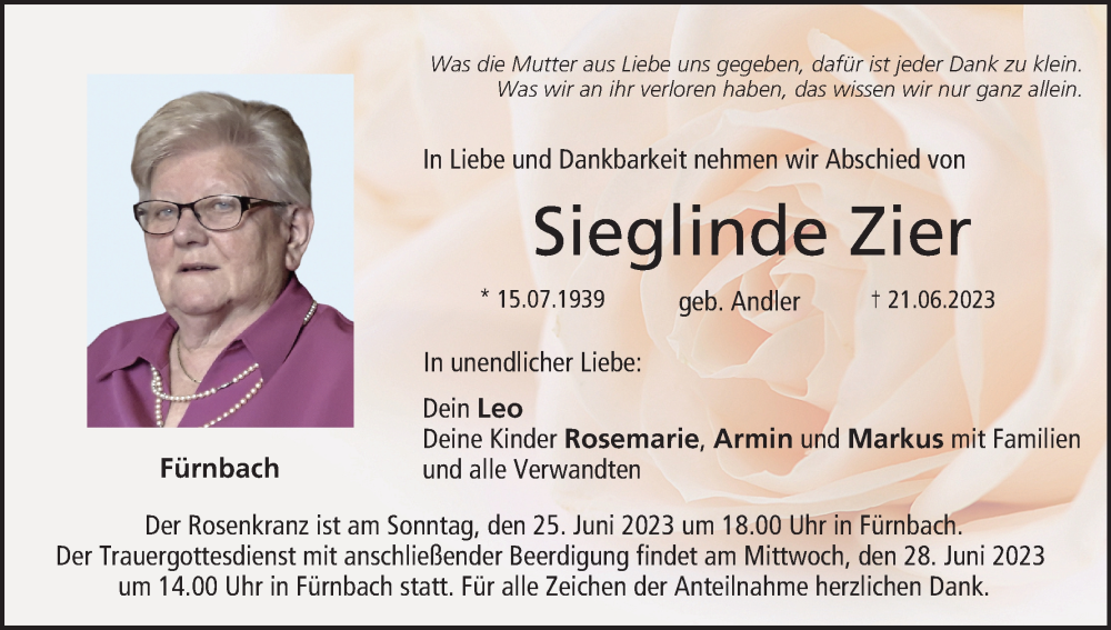  Traueranzeige für Sieglinde Zier vom 24.06.2023 aus MGO