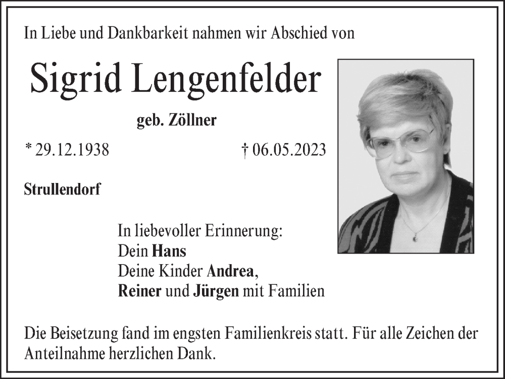  Traueranzeige für Sigrid Lengenfelder vom 03.06.2023 aus MGO