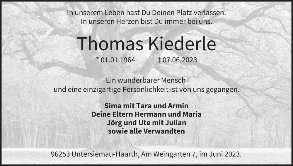  Traueranzeige für Thomas Kiederle vom 21.06.2023 aus MGO