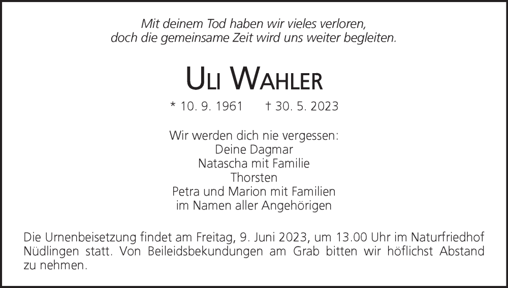  Traueranzeige für Uli Wahler vom 03.06.2023 aus MGO