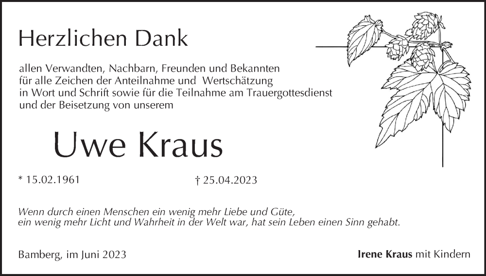  Traueranzeige für Uwe Kraus vom 03.06.2023 aus MGO