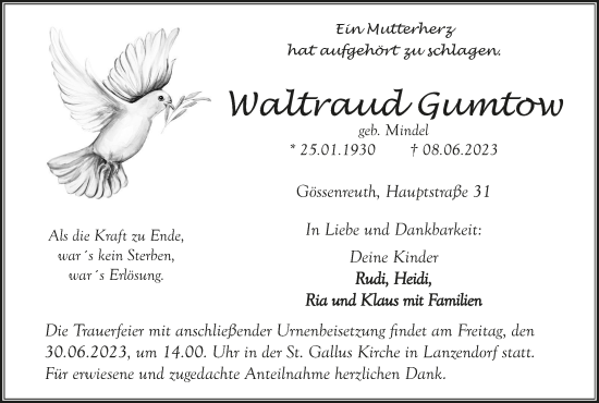 Anzeige von Waltraud Gumtow von MGO