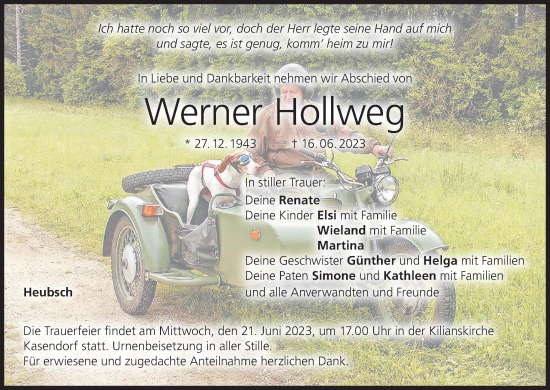 Anzeige von Werner Hollwe von MGO