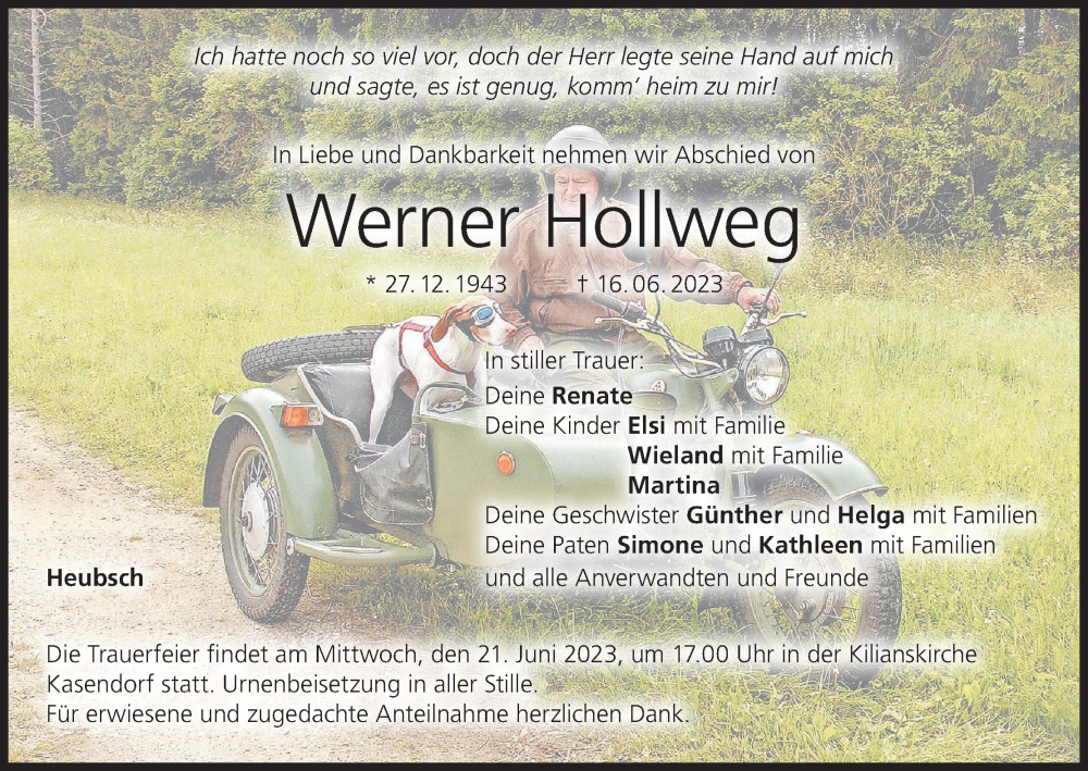  Traueranzeige für Werner Hollwe vom 17.06.2023 aus MGO