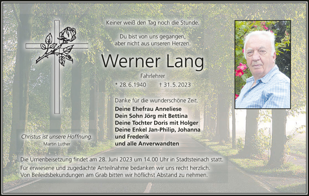  Traueranzeige für Werner Lang vom 24.06.2023 aus MGO