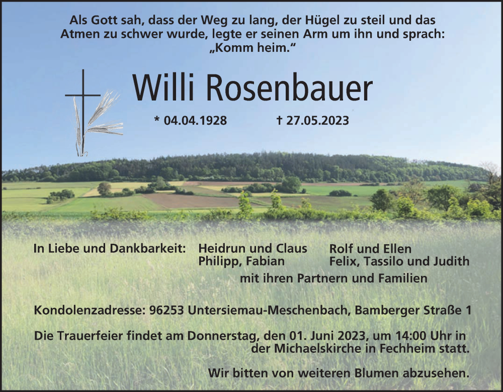  Traueranzeige für Willi Rosenbauer vom 31.05.2023 aus MGO