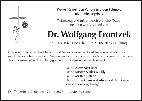 Anzeige von Wolfgang Frontzek von MGO