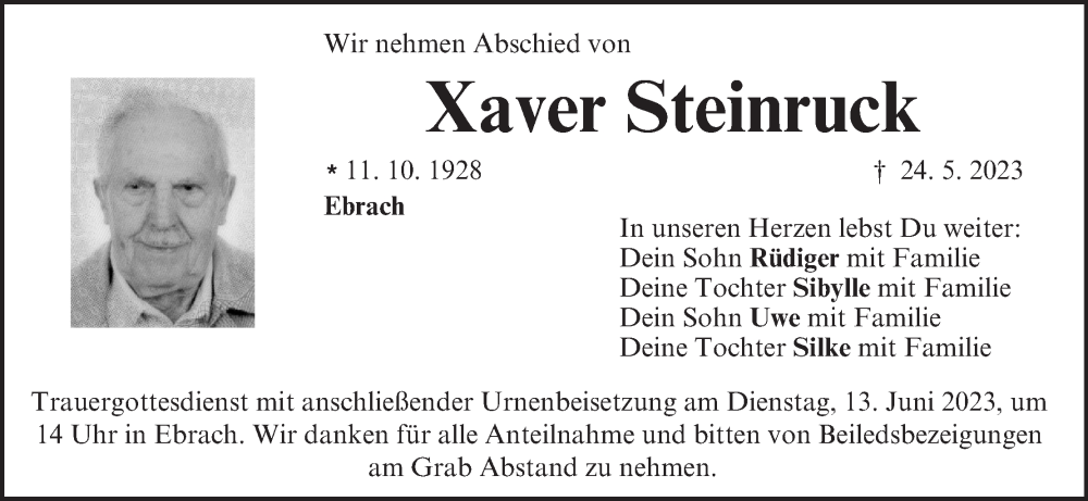  Traueranzeige für Xaver Steinruck vom 10.06.2023 aus MGO