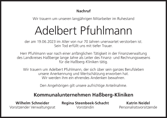 Anzeige von Adelbert Pfuhlmann von MGO