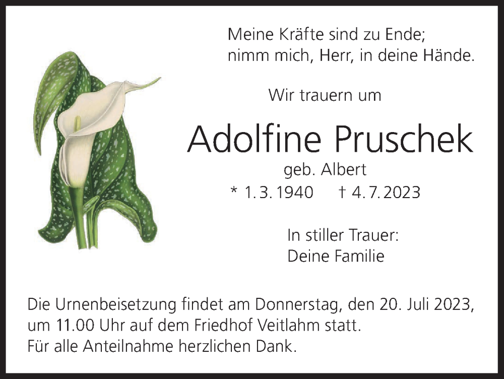  Traueranzeige für Adolfine Pruschek vom 17.07.2023 aus MGO