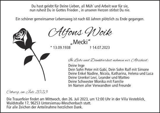 Anzeige von Alfons Woik von MGO