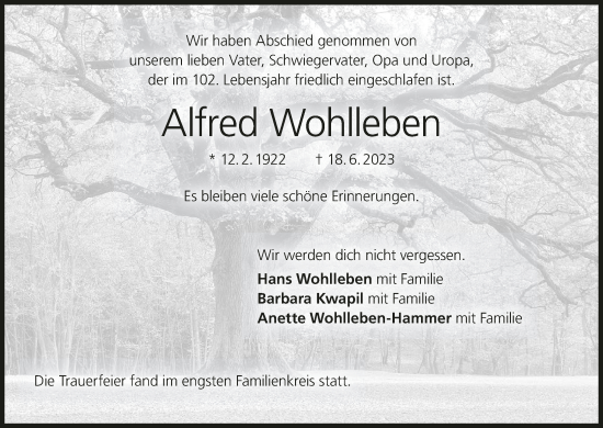 Anzeige von Alfred Wohlleben von MGO
