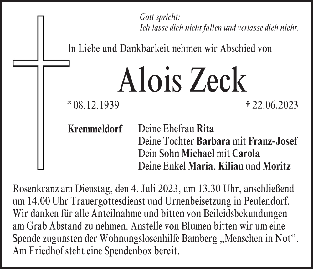  Traueranzeige für Alois Zeck vom 01.07.2023 aus MGO