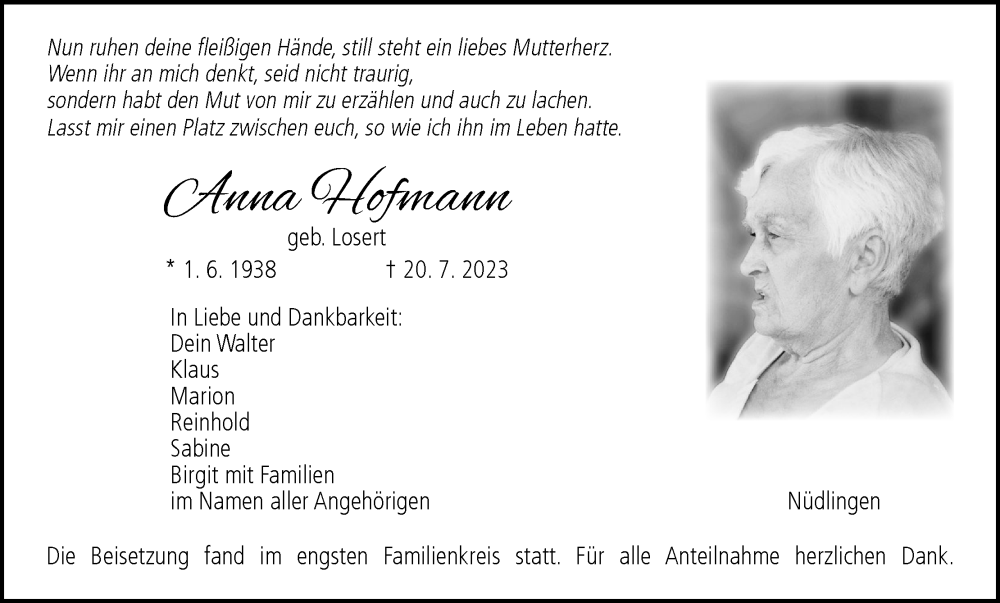  Traueranzeige für Anna Hofmann vom 26.07.2023 aus MGO