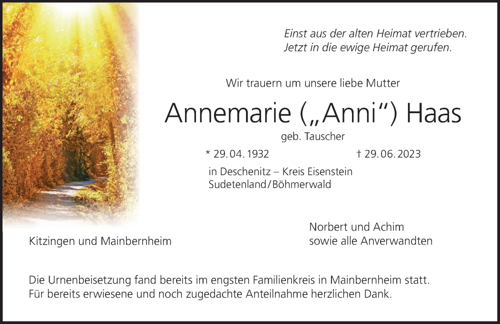  Traueranzeige für Annemarie Haas vom 27.07.2023 aus MGO