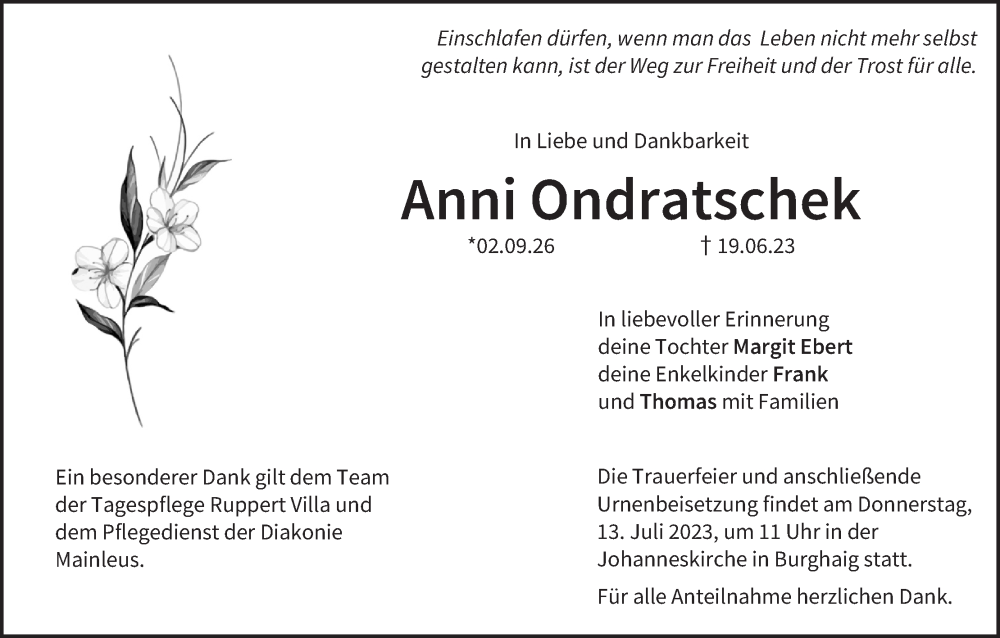  Traueranzeige für Anni Ondratschek vom 08.07.2023 aus MGO