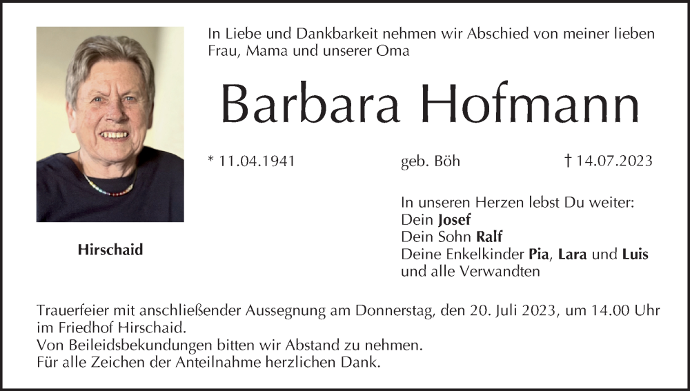  Traueranzeige für Barbara Hofmann vom 19.07.2023 aus MGO