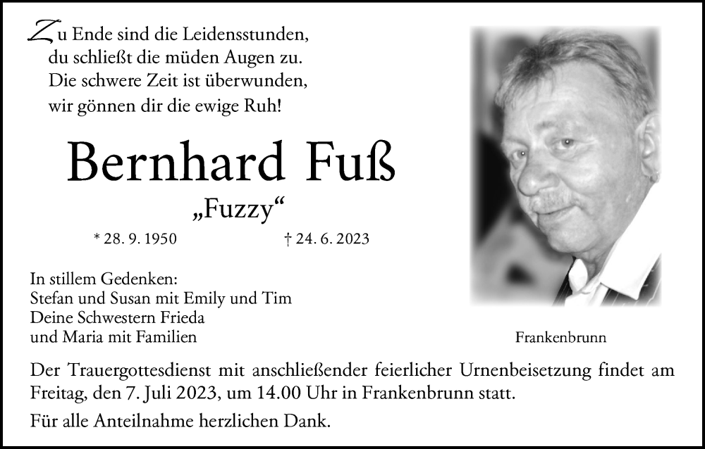  Traueranzeige für Bernhard Fuß vom 01.07.2023 aus MGO