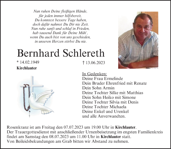 Anzeige von Bernhard Schlereth von MGO