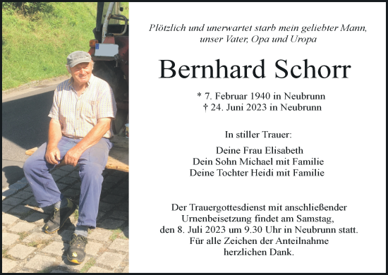 Anzeige von Bernhard Schorr von MGO