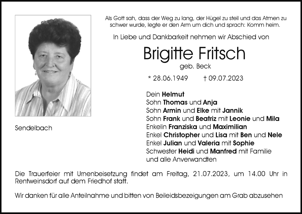  Traueranzeige für Brigitte Fritsch vom 15.07.2023 aus MGO