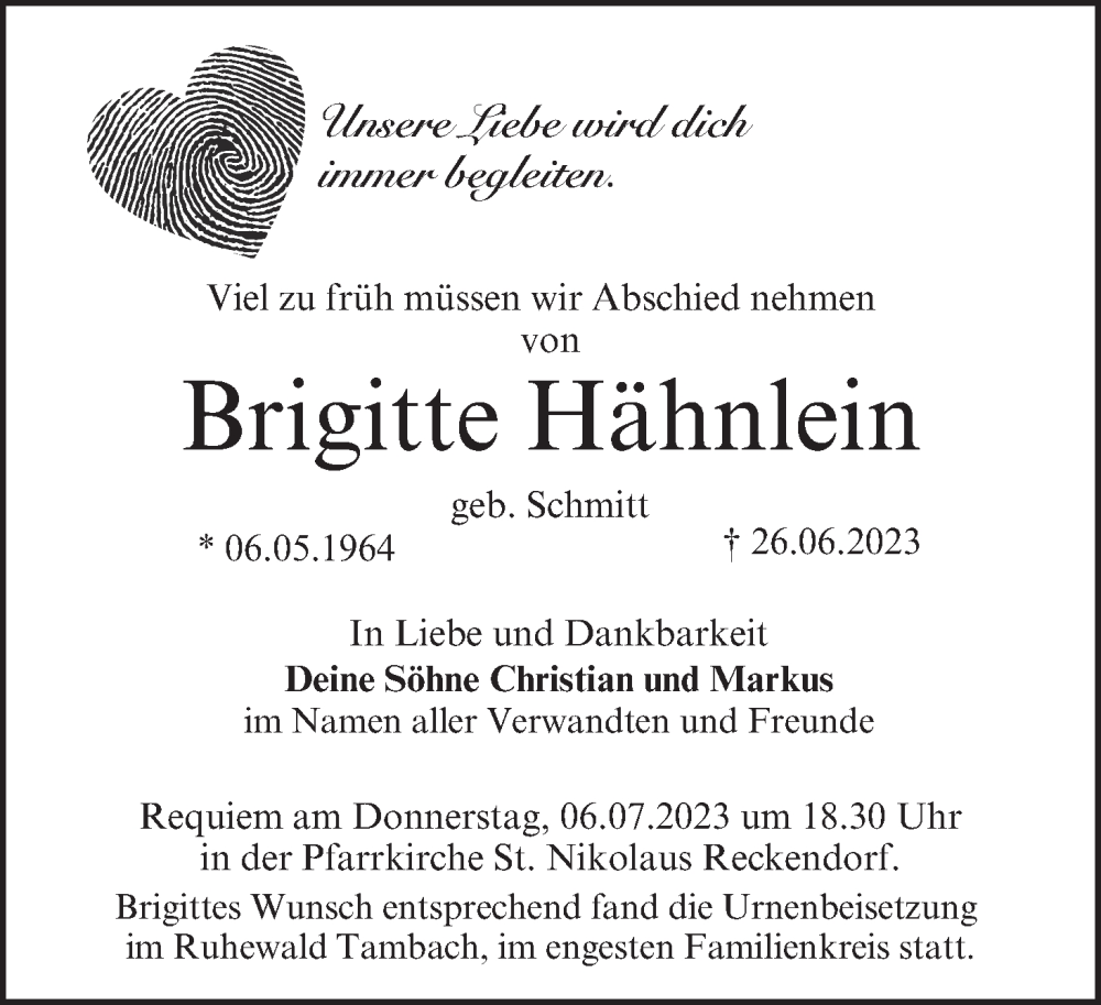  Traueranzeige für Brigitte Hähnlein vom 01.07.2023 aus MGO