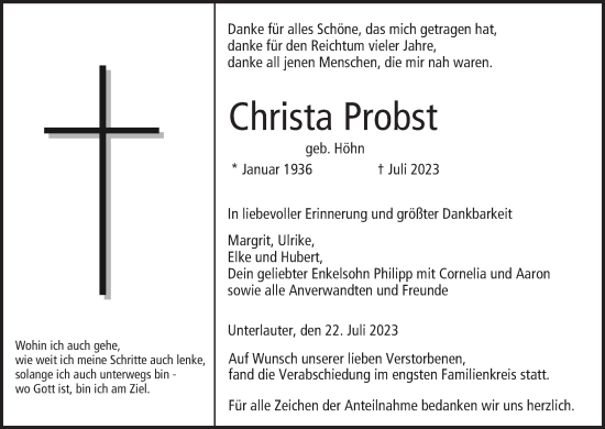 Anzeige von Christa Probst von MGO