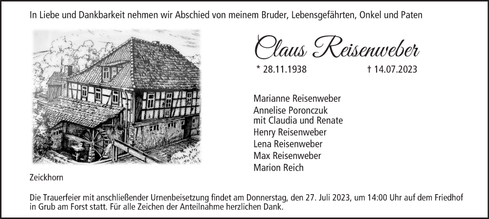  Traueranzeige für Claus Reisenweber vom 22.07.2023 aus MGO