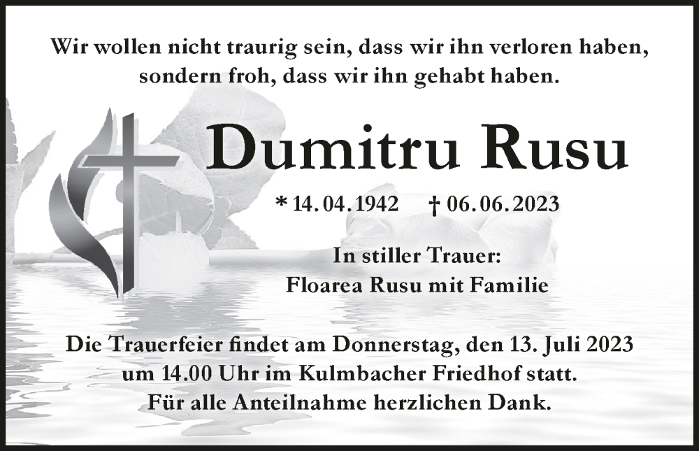  Traueranzeige für Dumitru Rusu vom 08.07.2023 aus MGO