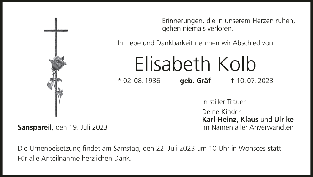  Traueranzeige für Elisabeth Kolb vom 19.07.2023 aus MGO