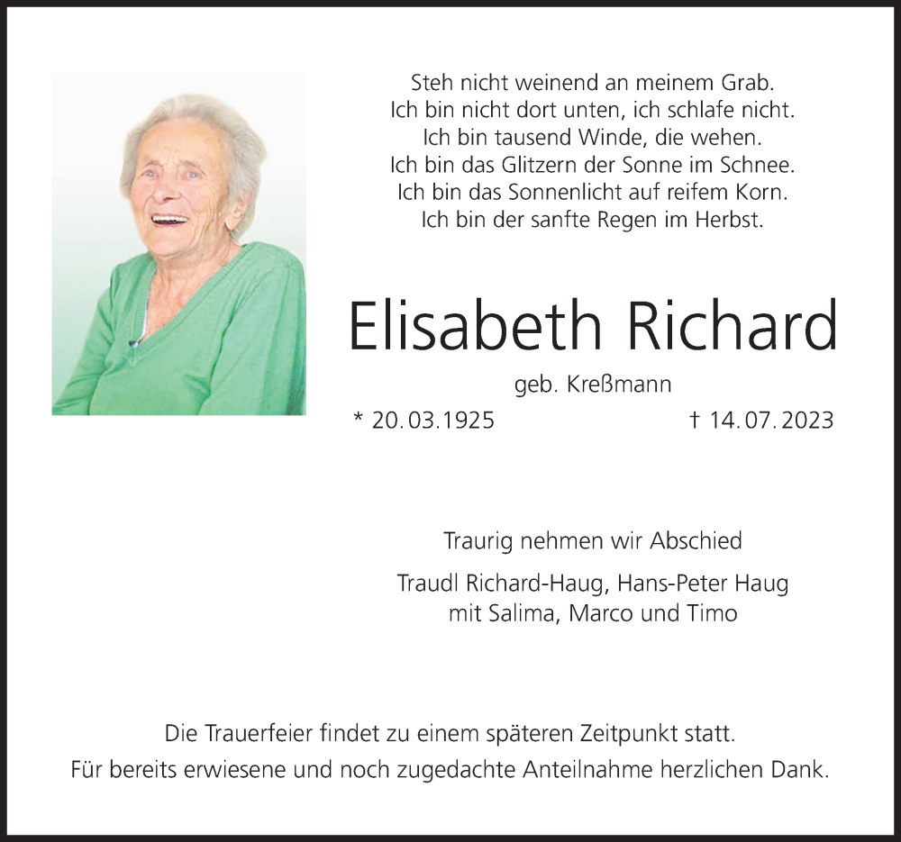  Traueranzeige für Elisabeth Richard vom 22.07.2023 aus MGO