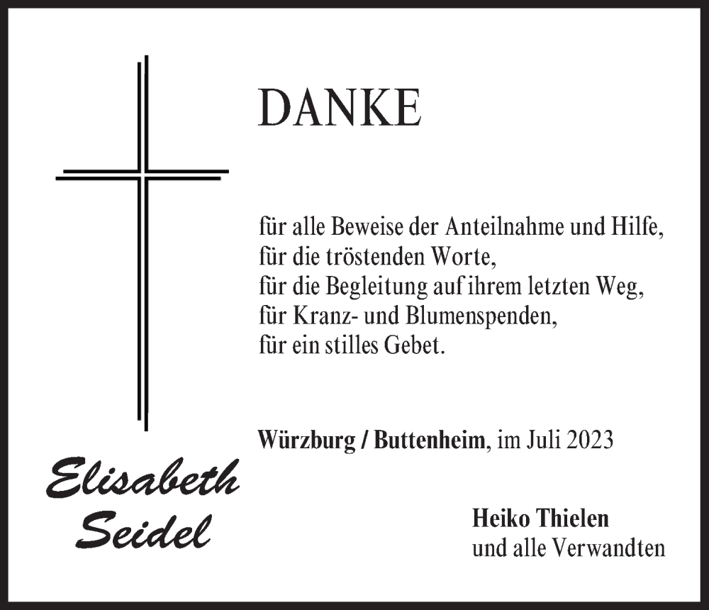  Traueranzeige für Elisabeth Seidel vom 01.07.2023 aus MGO