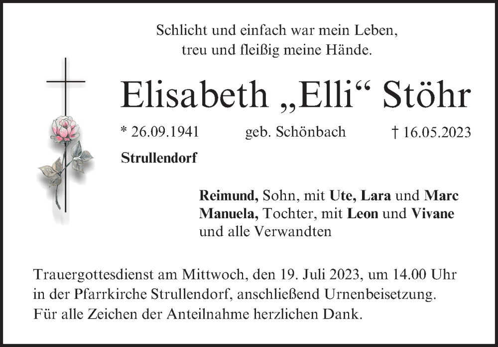  Traueranzeige für Elisabeth Stöhr vom 15.07.2023 aus MGO