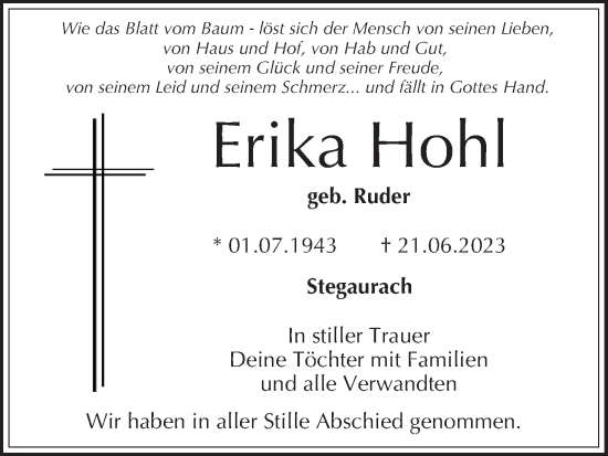 Anzeige von Erika Hohl von MGO