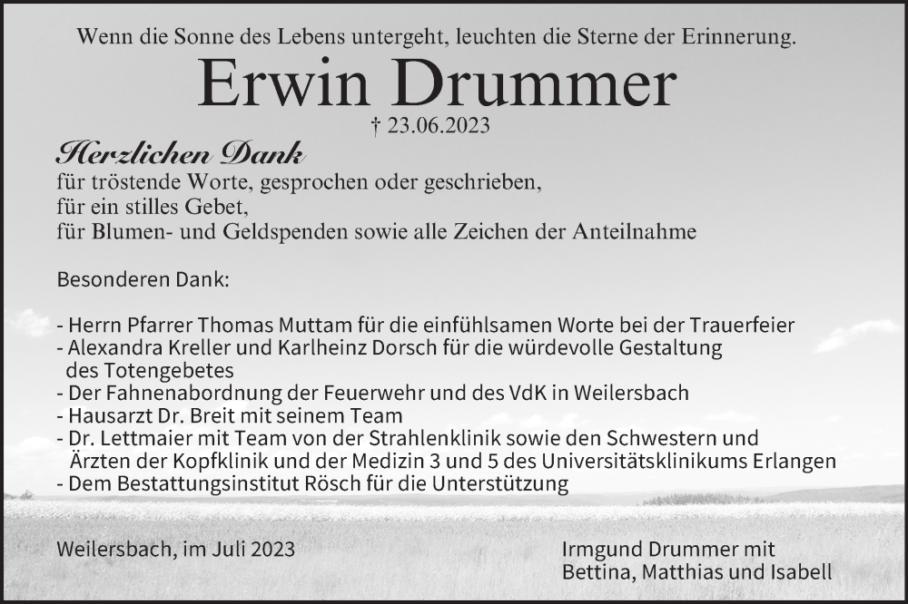  Traueranzeige für Erwin Drummer vom 15.07.2023 aus MGO