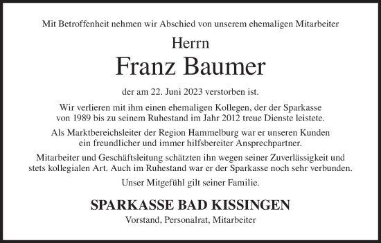 Anzeige von Franz Baumer von MGO
