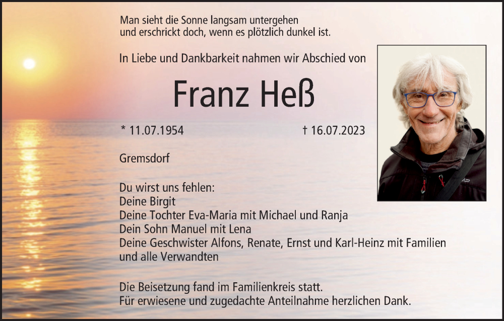 Traueranzeige für Franz Heß vom 29.07.2023 aus MGO