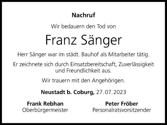 Anzeige von Franz Sänger von MGO