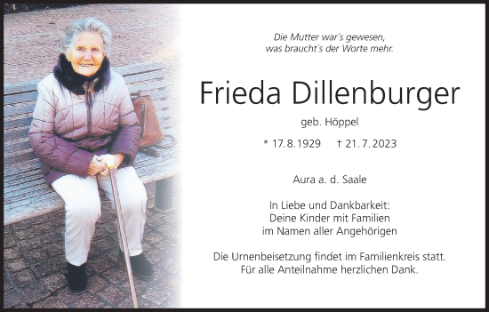 Anzeige von Frieda Dillenburger von MGO