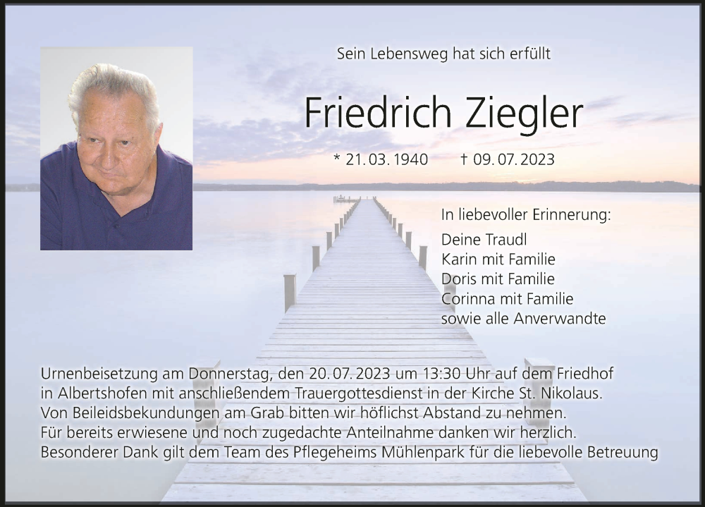  Traueranzeige für Friedrich Ziegler vom 18.07.2023 aus MGO