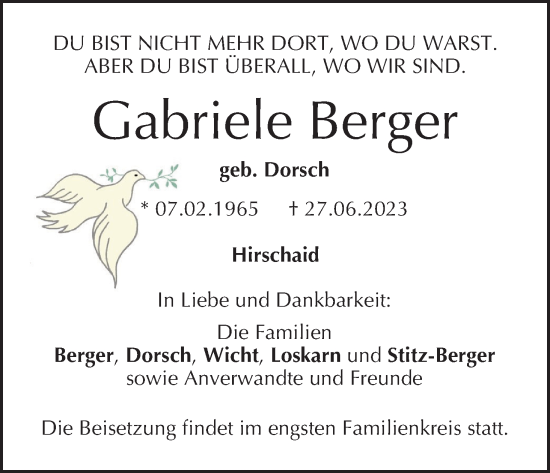 Anzeige von Gabriele Berger von MGO