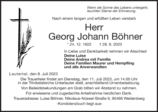 Anzeige von Georg Johann Böhner von MGO