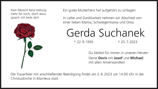 Anzeige von Gerda Suchanek von MGO